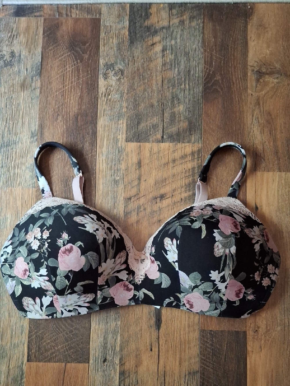 Cacique Black Bra with Pink & Green Floral Print 40 DDD